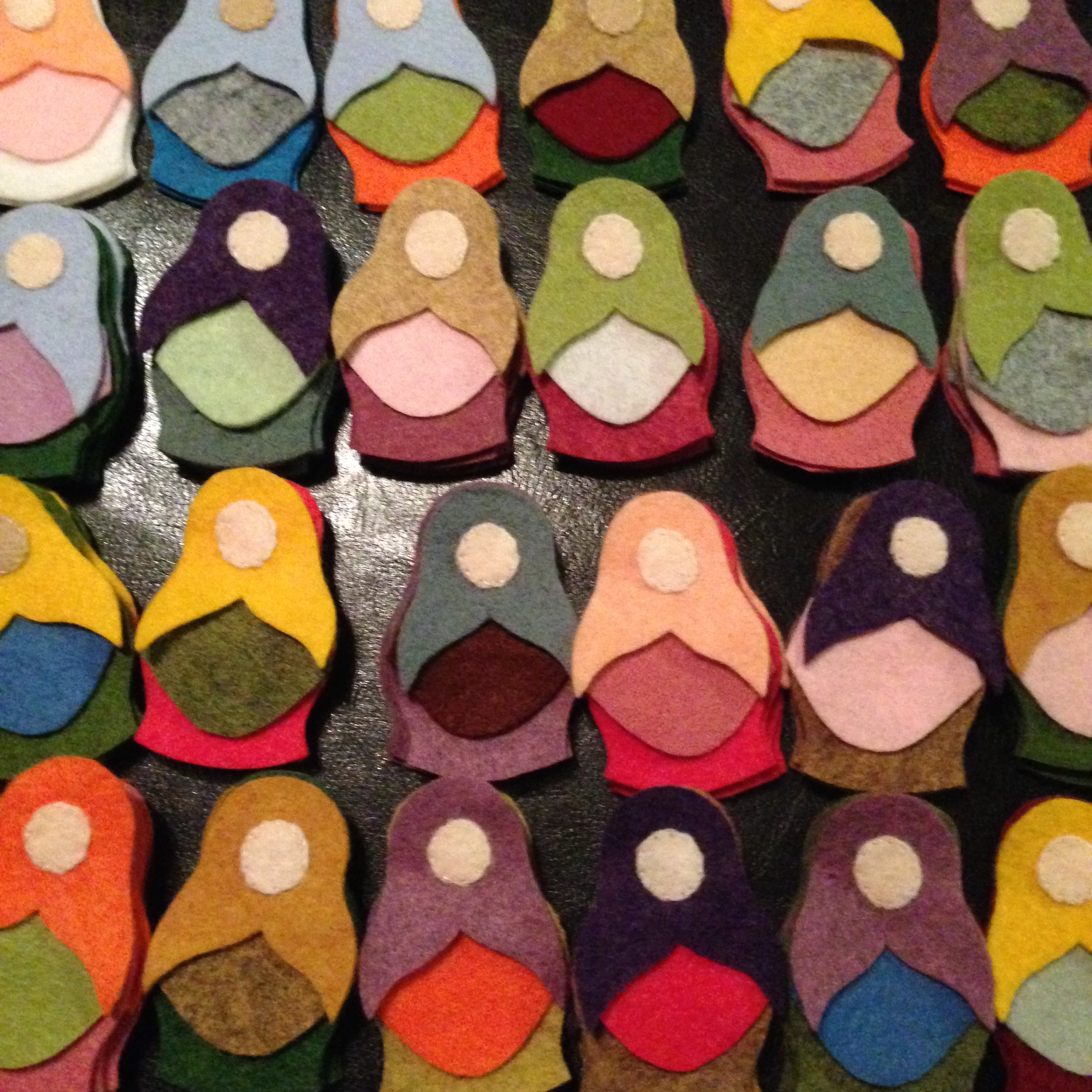 Faceless dollies (a bit creepy actually!) laid out for colour matching.